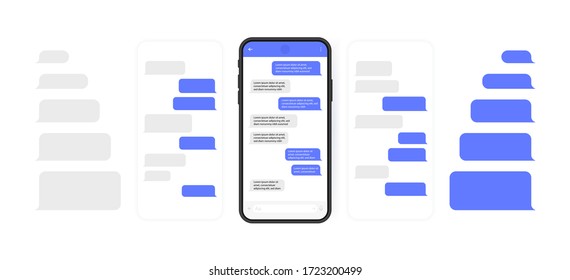 Social media design concept. Smart Phone with carousel style messenger chat screen. Sms template bubbles for compose dialogues. Modern vector illustration flat style. - Shutterstock ID 1723200499