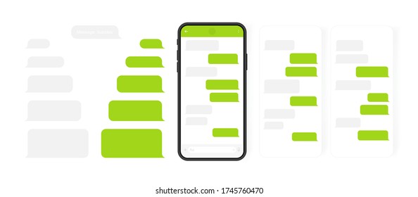 Social media design concept. Smart Phone with carousel style messenger chat screen. Sms template bubbles for compose dialogues. Modern vector illustration flat style.