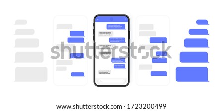 Social media design concept. Smart Phone with carousel style messenger chat screen. Sms template bubbles for compose dialogues. Modern vector illustration flat style.