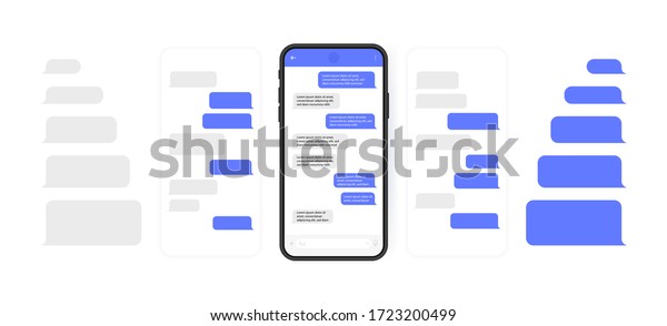 Social media design\
concept. Smart Phone with carousel style messenger chat screen. Sms\
template bubbles for compose dialogues. Modern vector illustration\
flat style.
