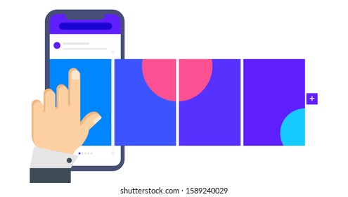 Social media design concept. Smartphone with interface carousel post on social network.Hand flips through the posts in the social network on the smartphone screen. 