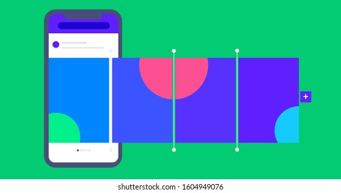 Social media design concept. Smartphone with interface carousel post on social network. Carousel post on the side of the phone. Carousel post, new popular smartphone