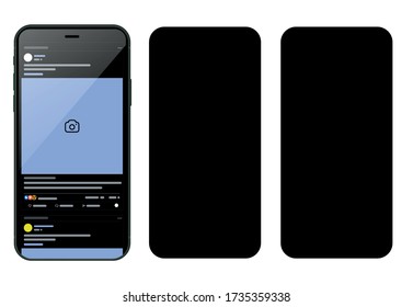 Concepto de diseño de medios sociales. Smartphone con interfaz carrusel post en red social. La burla de la aplicación móvil en la pantalla de un smartphone realista. ilustración vectorial