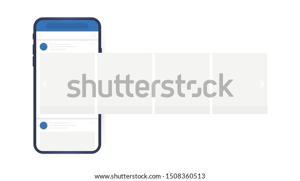 Social media design concept. Smartphone\
with interface carousel post on social network. Modern flat style\
vector illustration.