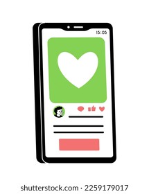 Social media design for smartphone. Picture with description and user reactions, communication and interaction in social networks and instant messengers. Cartoon flat vector illustration