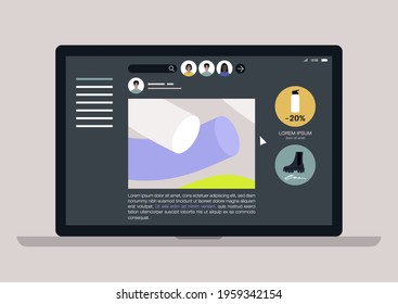 Social media design template, a layout with a website menu interface, user-generated content, and sponsored ad banners block, front end development