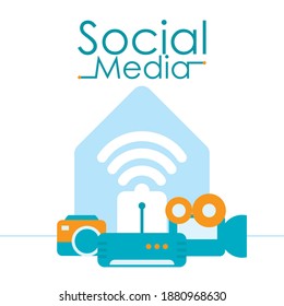 social media design with video camera, radio and camera over white background, colorful design, vector illustration
