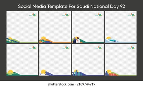 social media designs for Saudi National day 92 with Arabic text (It's our home) and (Saudi national day 92) flat illustrations. - Shutterstock ID 2189744919