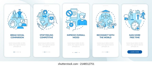 Social media detox reasons blue onboarding mobile app screen. Internet walkthrough 5 steps graphic instructions pages with linear concepts. UI, UX, GUI template. Myriad Pro-Bold, Regular fonts used