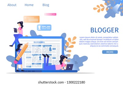 Social Media Digital Blogger Writer Character. Creative Copywriter hold Pencil and Work on Laptop to Write Article Content. Student Edit Blog Text Banner Flat Cartoon Vector Illustration