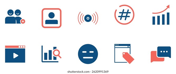 Social Media and Digital Communication Icon Set.A modern flat icon set depicting social media growth, digital marketing, online communication, analytics, and user interaction tools for web and app  