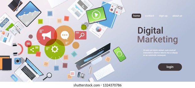 social media digital marketing concept top angle view workplace desktop office stuff horizontal copy space