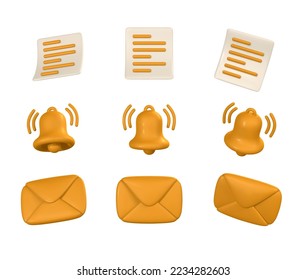 Social media and digital marketing concept. 3d notification bell, paper document, mail envelope. Vector illustration.