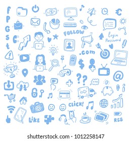 Social Media, Digital Marketing, Internet Network Icons Set. Vector Hand Drawn Isolated Objects. Doodle And Sketch Style .