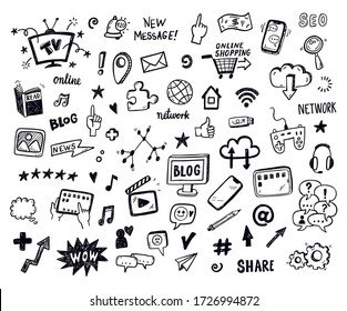 Social Media, digital marketing, internet network icons set. Vector hand drawn isolated objects. Doodle and sketch style .