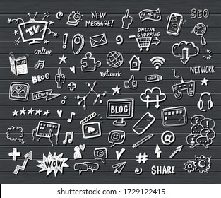 Social Media, Digital Marketing, Internet Network Icons Set. Vector Hand Drawn Isolated Objects. Doodle And Sketch Style .