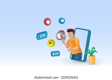 Social media and digital marketing. Man on smartphone holding megaphone attracting love, like, icons and followers to subscribe. 3D realistic vector. 