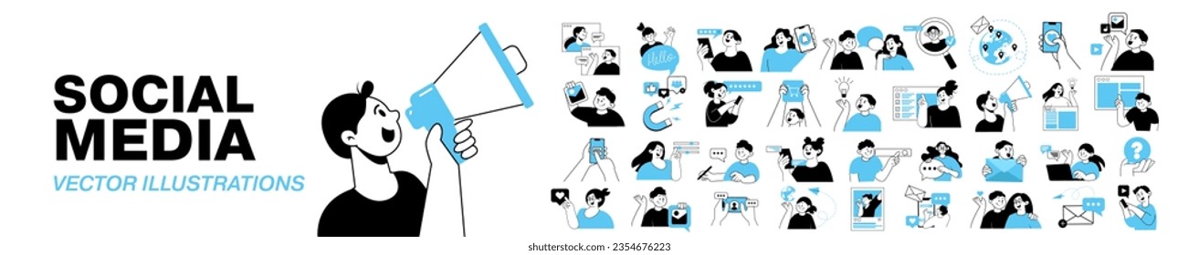 Social media, digital marketing, online communication and networking concept. A set of illustrations of people using mobile gadgets in various activities and internet services.