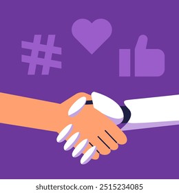 Social media, digital marketing, online communication and networking concept. People and ai robot using mobile gadgets in various activities and internet services. Flat vector illustration.