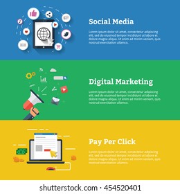 Social Media. Digital Marketing. Pay Per Click. Modern flat design vector illustration banner concept for web and infographic.