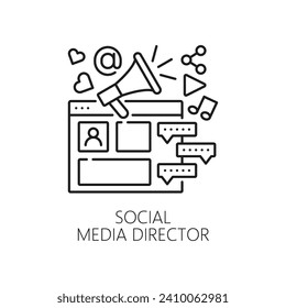 Social media director, IT specialist icon for internet marketing and content promotion, line vector. Social media blogs and vlogs, podcast and digital network or mobile media development manager