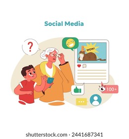 Social media discovery concept. Grandmother explores social networking with grandchild help. Engaging seniors in the digital conversation. Understanding internet jokes and memes. Vector illustration