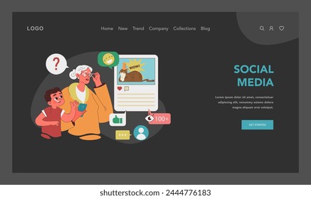 Social media discovery concept. Grandmother explores social networking with grandchild help. Engaging seniors in the digital conversation. Understanding internet jokes and memes. Vector illustration