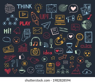 Social media doodle collection. Blogging icons, marketing sketch symbols. Digital technology elements drawing, planner or post exact vector objects