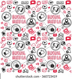 Social media doodle element with  megaphone, map, chatting bubble, joystick, mobile phone, laptop, cloud etc