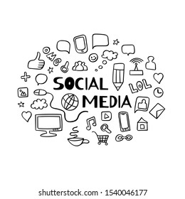 Social media doodle elements. Set of black hand drawn icons with inscription. Vector illustartion.
