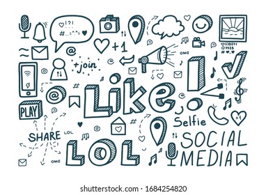 Social media doodle: icons of emotions, likes, posts and other media pics. Vector illustration in cute style