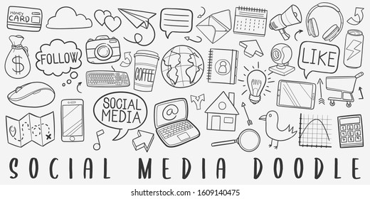 Social Media Doodle Line Art Illustration. Hand Drawn Vector Clip Art. Banner Set Logos.