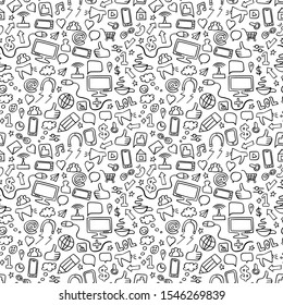 Social media doodle seamless pattern. Repeated ornament with hand drawn elements on white background. Vector illustration.