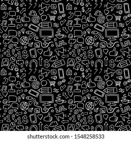 Social media doodle seamless pattern. Repeated ornament with white hand drawn elements on black background. Vector illustration.