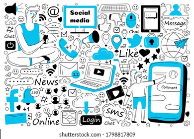 Doodle-Set für soziale Medien Sammlung von handgezeichneten Skizzen Vorlagen von Menschen Kommunikation Messaging chatting im globalen Netzwerk oder teilen Nachrichten. SMS-Versand und Online-Konversations-Illustration.