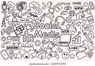 Social media doodle set. Social media hand drawn vector doodles