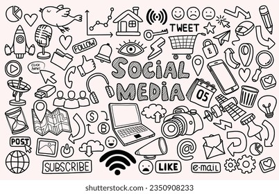 Social media doodle set. Social media hand drawn vector doodles
