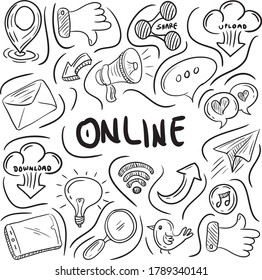 Social media doodle vector illustration, internet website hand drawn style