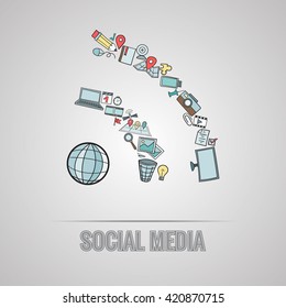 Social media doodles hand drawn vector symbols and objects