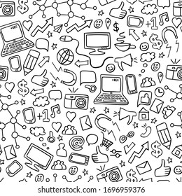 Social media doodles seamless pattern. Computer technology hand drawn background. Vector illustration.