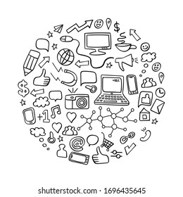 Social media doodles set. Computer technology hand drawn icons. Vector illustration.