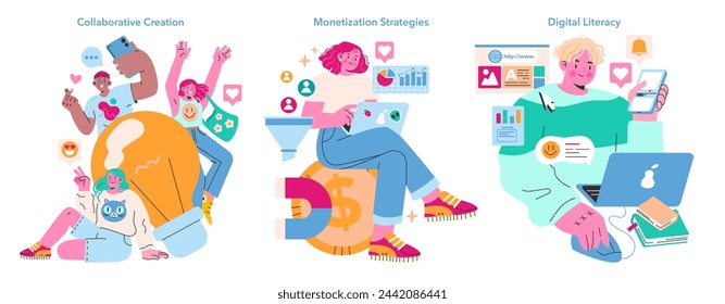 Social Media Dynamics Set. Group creativity in content generation, effective monetization strategies, and essentials of digital literacy. Diverse online interaction. Vector illustration