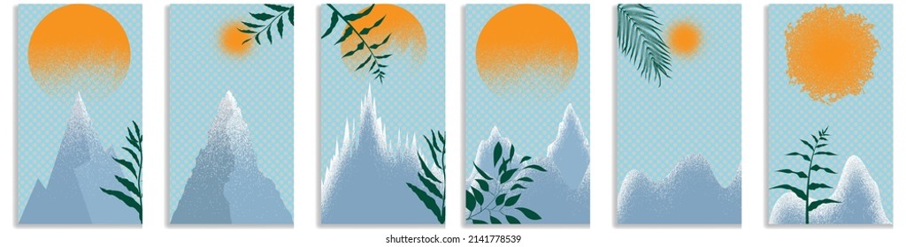 Social media editable covers with grainy effects . Snowed mountain peaks in sunset .Grunge design . Contemporary style . Post frame stories templates. Layout for promotion .Media banner .Vector