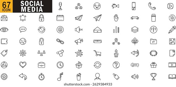 Social media editable outline icon set. Notification share comment privacy message hashtag and more.