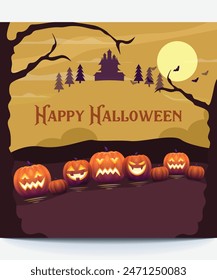 Social media editable post template for Happy Halloween Festival. Pumpkin, bat, ghost element and purple, orange, yellow colour background for social media post and web ads. Vector illustration.