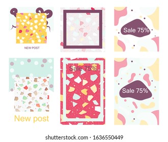 Social media editable posts and stories frames with trendy terrazzo pattern creative backdrop. Chaotic stone pieces on white background. Modern marble textile, tile design vector illustration.