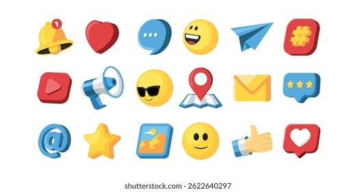 
Social media element collection in 3d flat style. Bell notification, emoji, likes symbol, hastags.