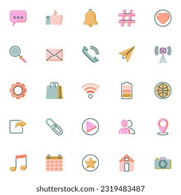 Social media elements collection, UI flat icons set, Colorful symbols pack contains - user interface, essential icons, UI, phone notification, chat message. Vector illustration. Flat style design