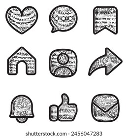 Elementos de redes sociales icono Vector grabado estilo dibujado a mano elemento blanco y negro