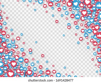 Elementos de medios sociales. Le gusta y muestra el borde en un fondo transparente. Reacciones emoticonas. Símbolo de red social. Notificación de contador. Ilustración vectorial.